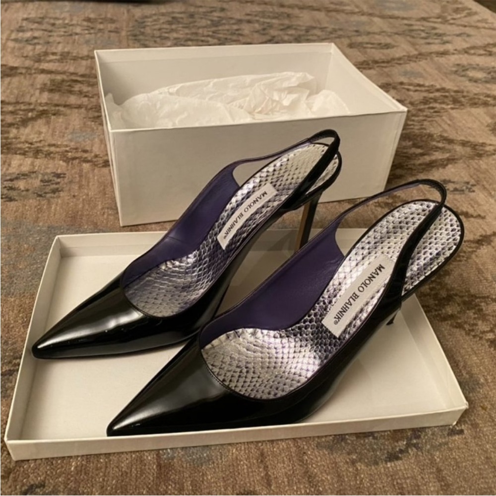 Manolo Blahnik black high heel sling back shoes